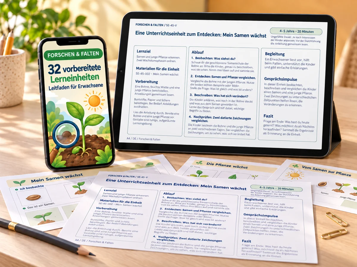 32 vorbereitete Lerneinheiten mit Anleitung für Erwachsene: Titelbild auf dem Smartphone, die Einheit Mein Samen wächst auf dem Tablet und gedruckte Unterlagen.